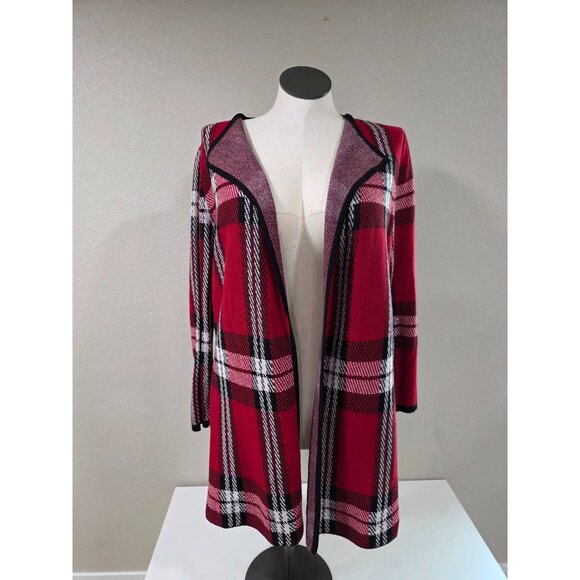 Red & Black Plaid Open Front Cardigan Sweater Size L - Picture 1 of 9
